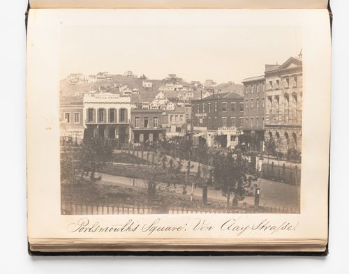 View of stores on Portsmouth Square (also known as the Plaza), Washington and Kearny Streets, San Francisco