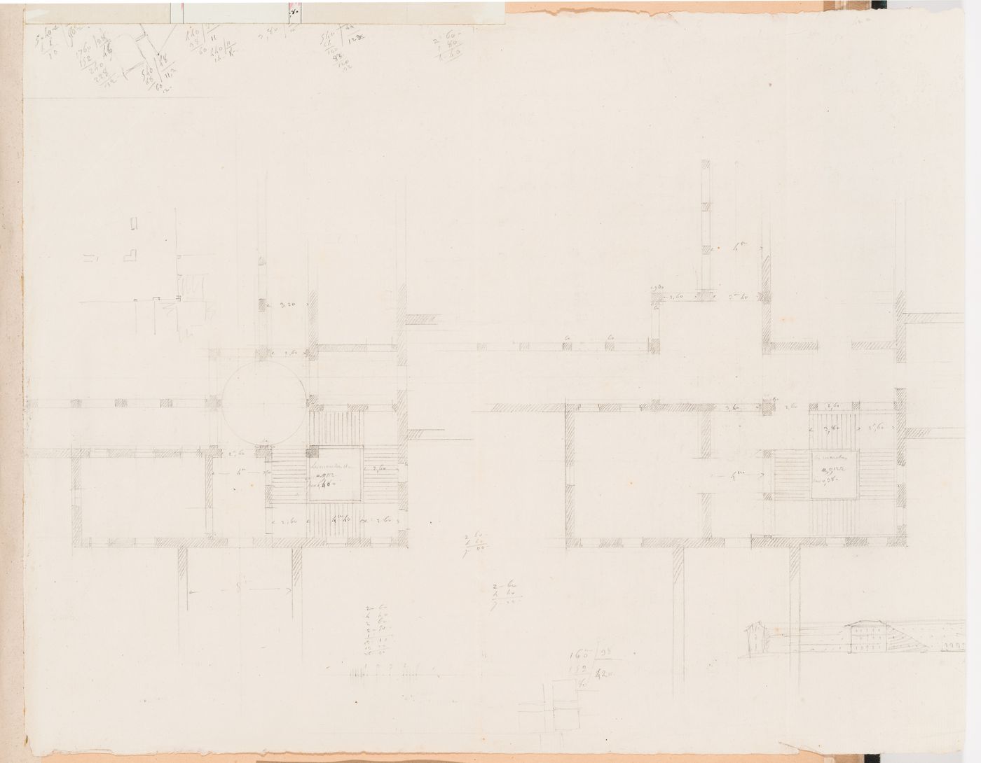 Ideal hospital for 1200 patients near the barrière de Monceau, Paris [?]: Partial plans showing stairs for site plan number eight