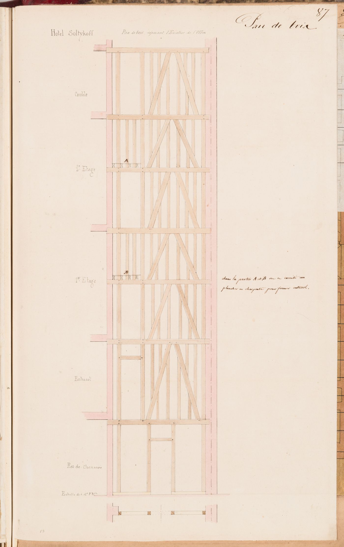 Section showing the wood frame construction between the office and the adjacent stairs, Hôtel Soltykoff