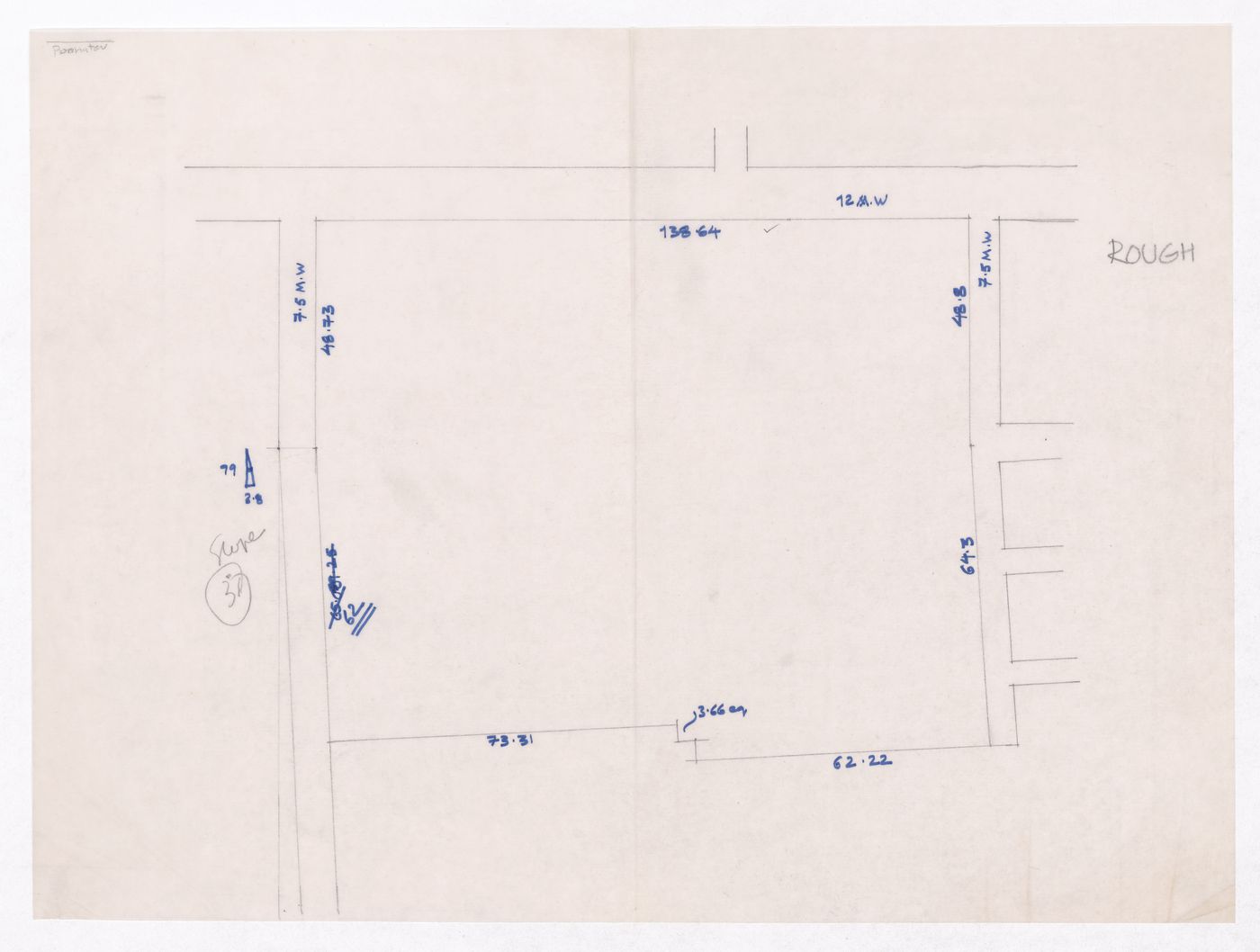 Sketch of plot showing plot measurements for Minimum Cost Housing Group's plot in Aranya township, India, for Aranya Housing Project