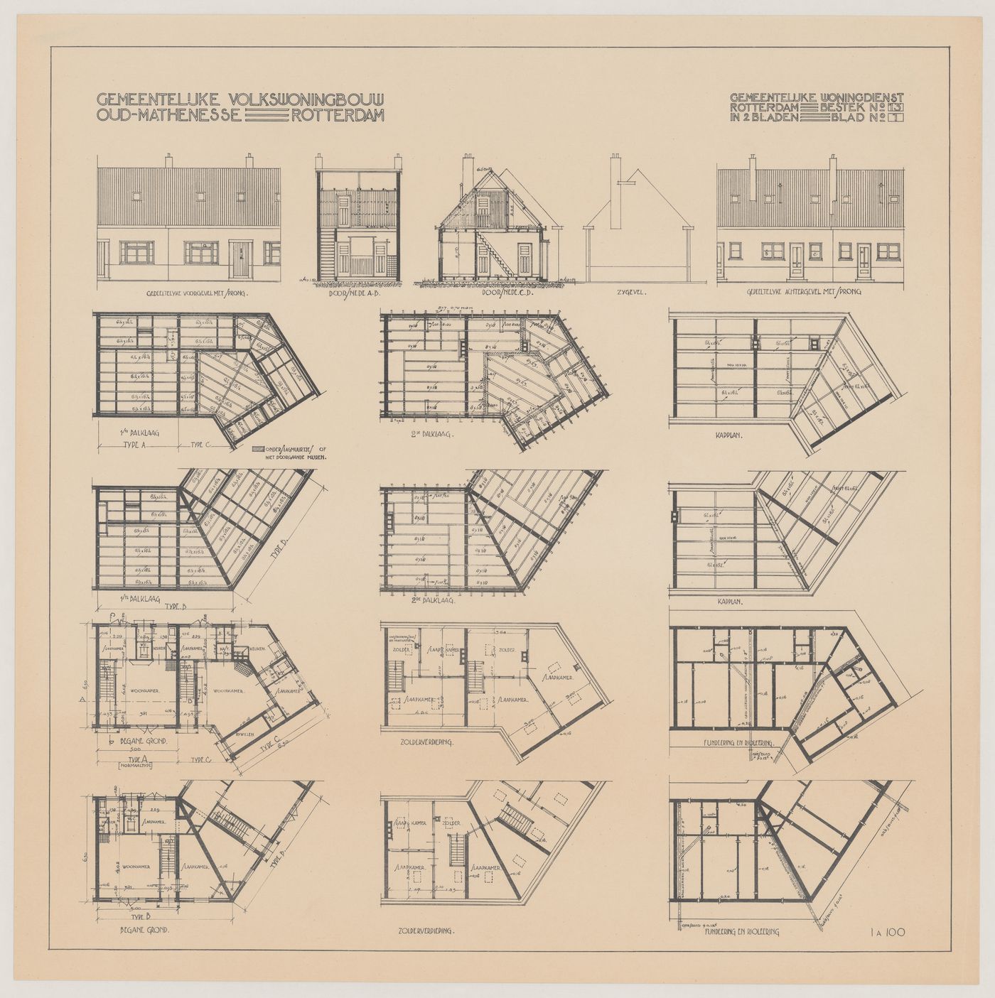 Foundation, floor and framing plans, elevations, and sections for Oud-Mathenesse Housing Estate, Rotterdam, Netherlands