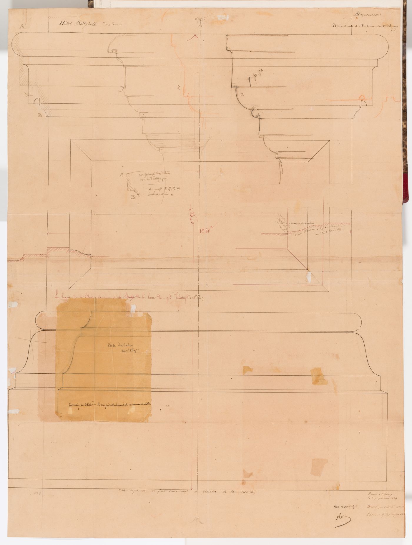 Full-scale elevations and profiles for the balustrade for the first floor balcony, Hôtel Soltykoff