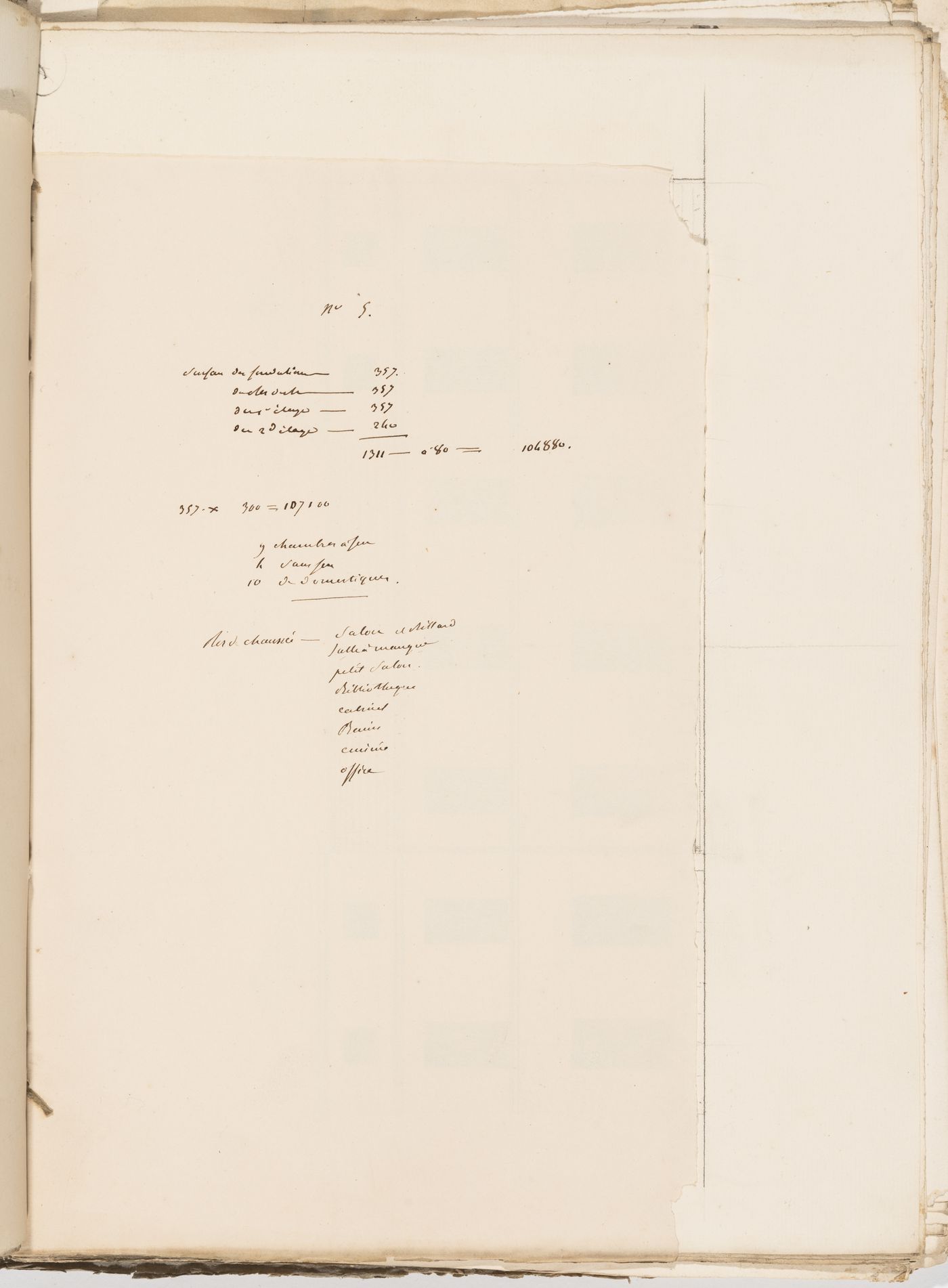 Project no. 5 for a country house for comte Treilhard: Notes and calculations