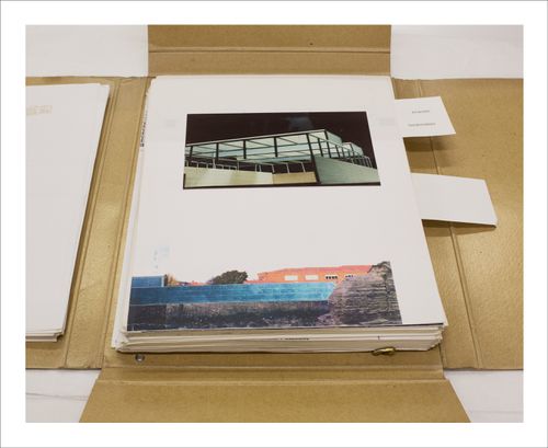 Proofs of Relevance: View of a photographic layout for a portfolio showing a model and a collage of the Madrigal de las Altas Sports Hall, Abalos & Herreros (1990-1991), Avila, Spain