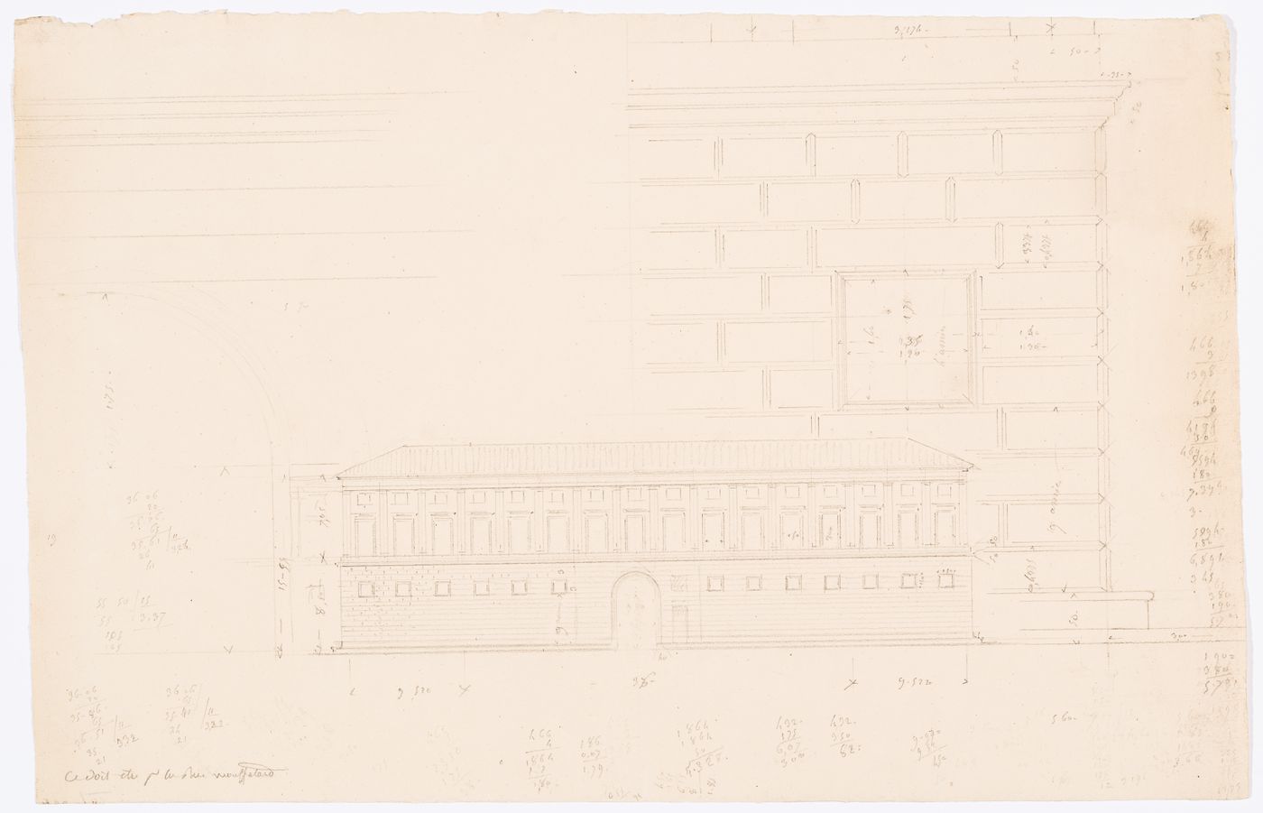 Project for the caserne de la Gendarmerie royale, rue Mouffetard: Principal elevation, including a partial elevation for the lower storey rustication