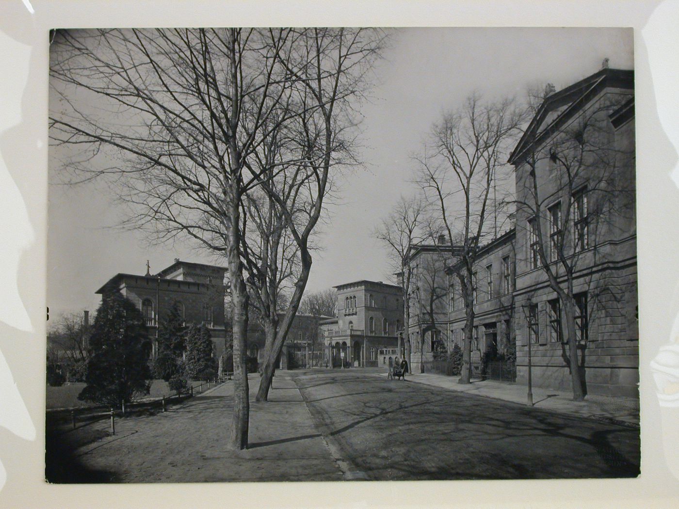 View of a street and houses with a park on the left, Potsdam, Germany