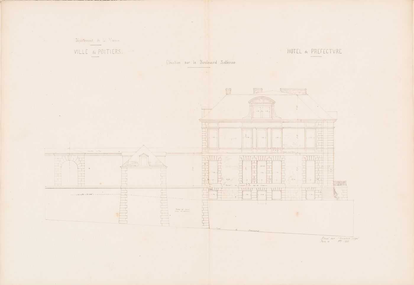 Project for a Hôtel de préfecture, Poitiers: Side elevation for the Hôtel du Préfet and stables, boulevard Solferino