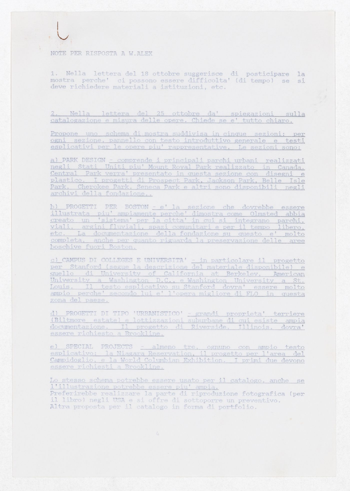 Notes for correspondence to William Alex for the exhibition Olmsted: L'origine del parco urbano e del parco naturale contemporaneo