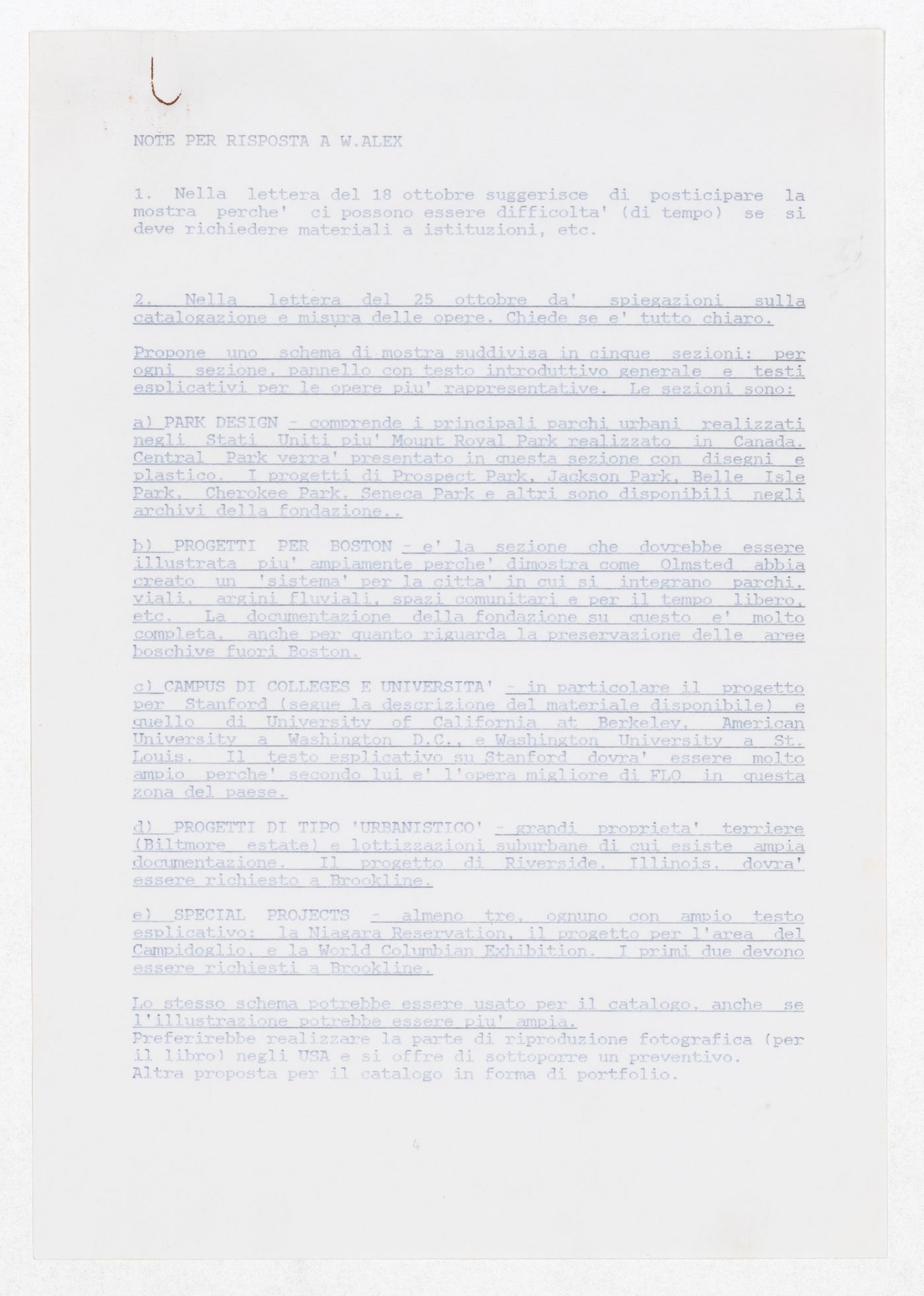 Notes for correspondence to William Alex for the exhibition Olmsted: L'origine del parco urbano e del parco naturale contemporaneo