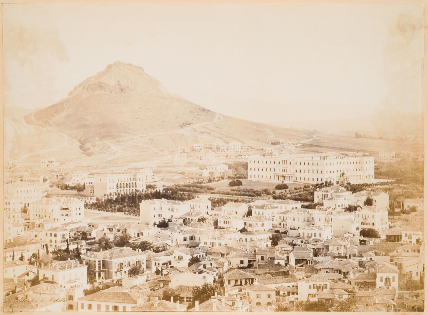 Panoramic view of the area around Palace Square (now Syntagma [Constitution] Square) showing Lykavittos (also known as Lycabettus) Hill, the Royal Palace (also known as the Old Palace; now the Parliament), the Demetriou House, and the Plaka, Athens, Greece