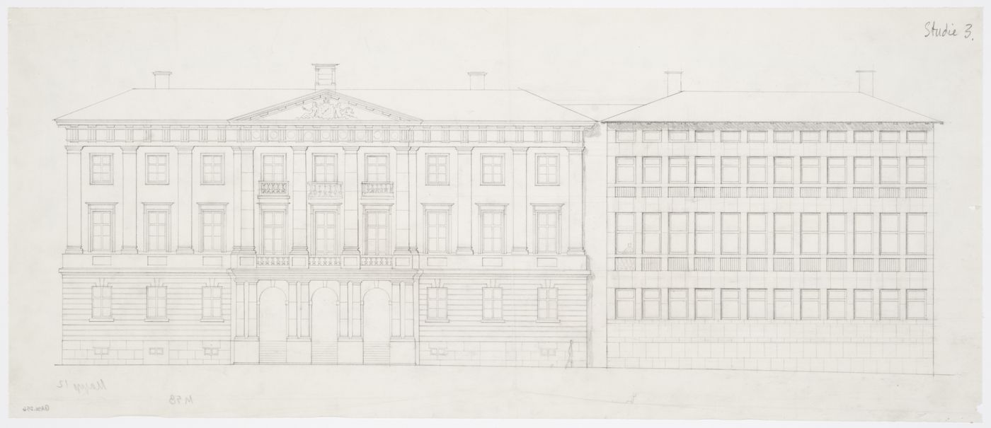 Elevation for the principal façade for the 1934-1937 design for Göteborg rådhusets tillbyggnad [courthouse annex] showing the Göteburg rådhus [courthouse], Göteborg, Sweden