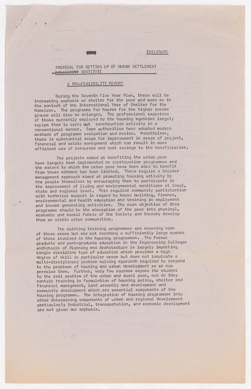Pre-feasibility report for a proposal for setting up of Human Settlement Institute
