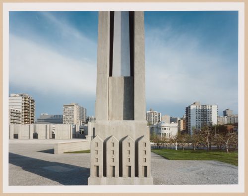 CCA Garden: View of the obelisk-chimney allegorical column showing the arcade, the orchard, and the Alcan Wing in the background, Montréal, Québec, Canada
