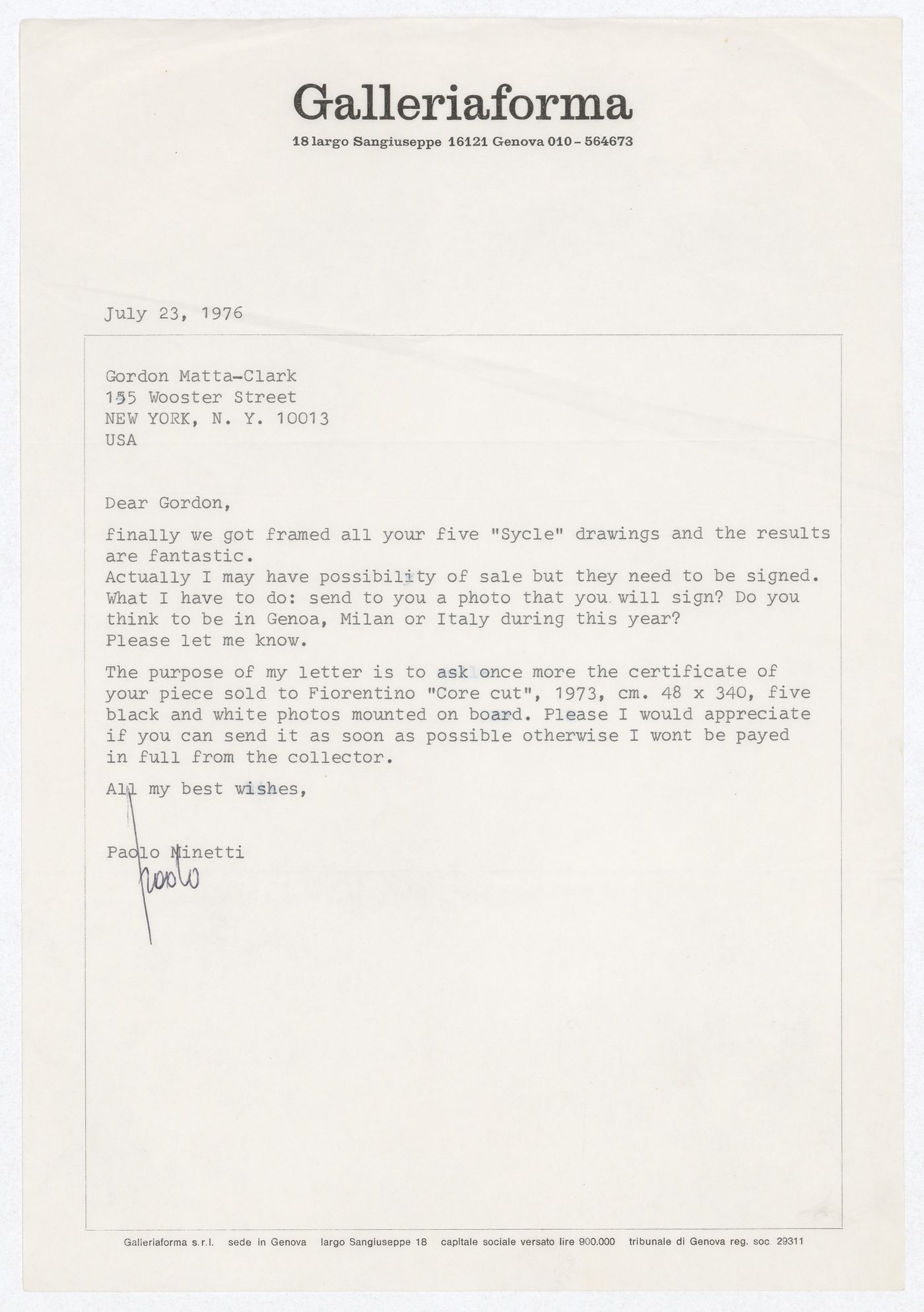 Letter from Paolo Minetti to Gordon Matta-Clark