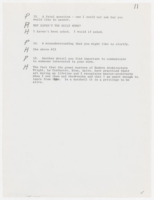 Transcript of an interview with John Hejduk (by Reima Pietila?), related to the publication of the exhibition catalogue, "John Hejduk, 7 Houses : January 22 to February 16, 1980"