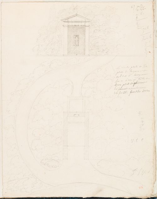Elevation, site and floor plan for a garden temple, Domaine de La Vallée; verso: Partial elevation for the entabulature of a garden temple, Domaine de La Vallée