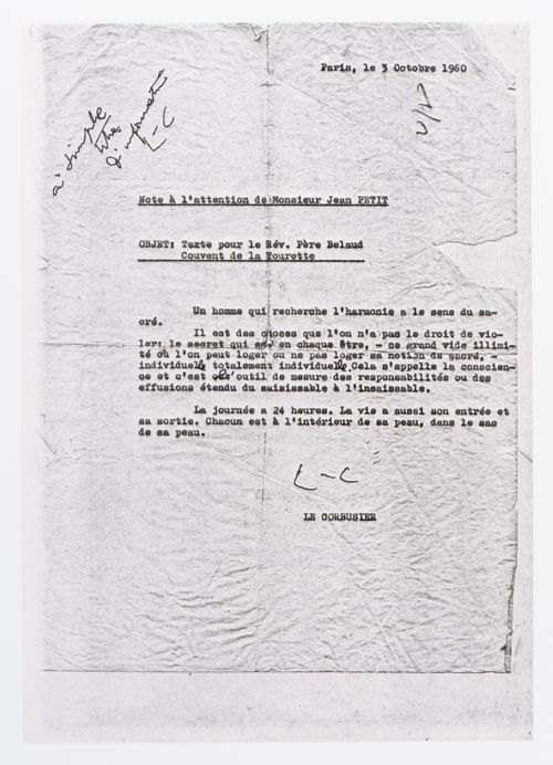Note de Le Corbusier à l'attention de Jean Petit