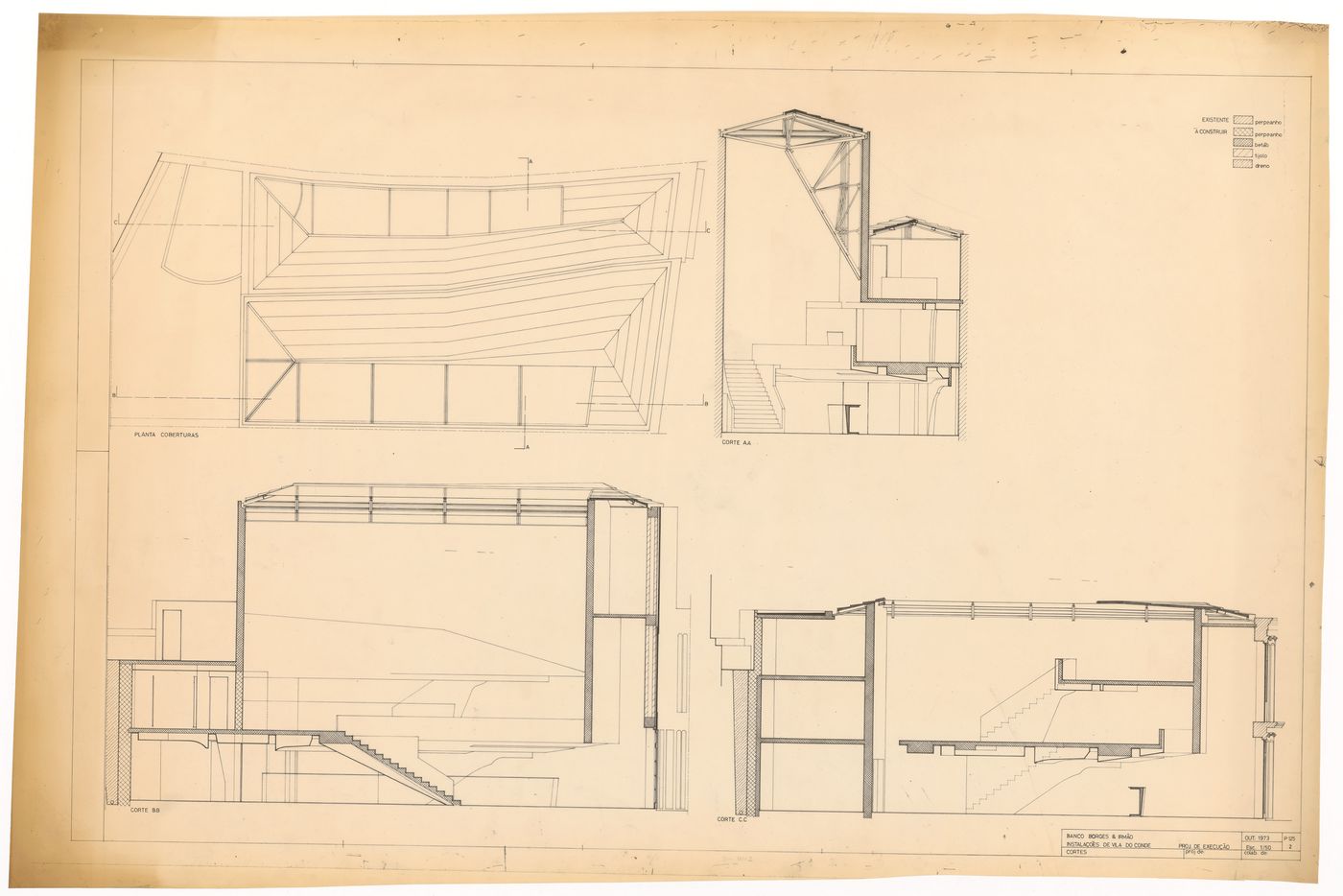 Plan and sections for Borges & Irmão bank, Vila do Conde, Portugal