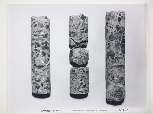 Studio view of concrete cores from main carriageway of the Swanley Bypass, England