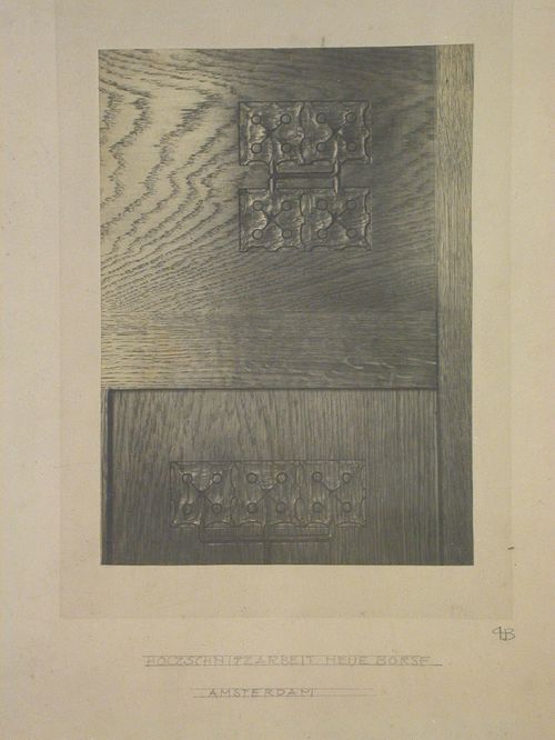 View of a carved wooden door of a built-in cabinet in the Assembly Room for the Society of Corn Merchants, Beurs [Stock Exchange] (also known as the Koopmansbeurs [Merchant Stock Exchange] or Beurs van Berlage), Amsterdam, Netherlands