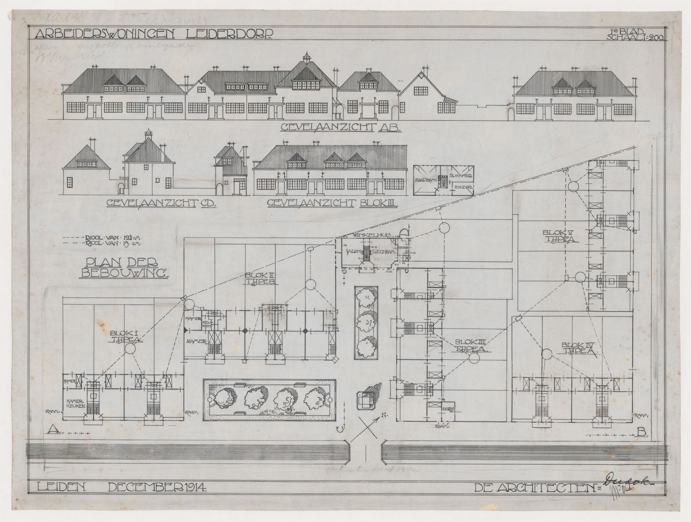 Site plan and plan for a housing unit for Block 3 and principal, rear and lateral elevations for Blocks 1 - 5, Leiderdorp Housing Estate, Leiderdorp, Netherlands