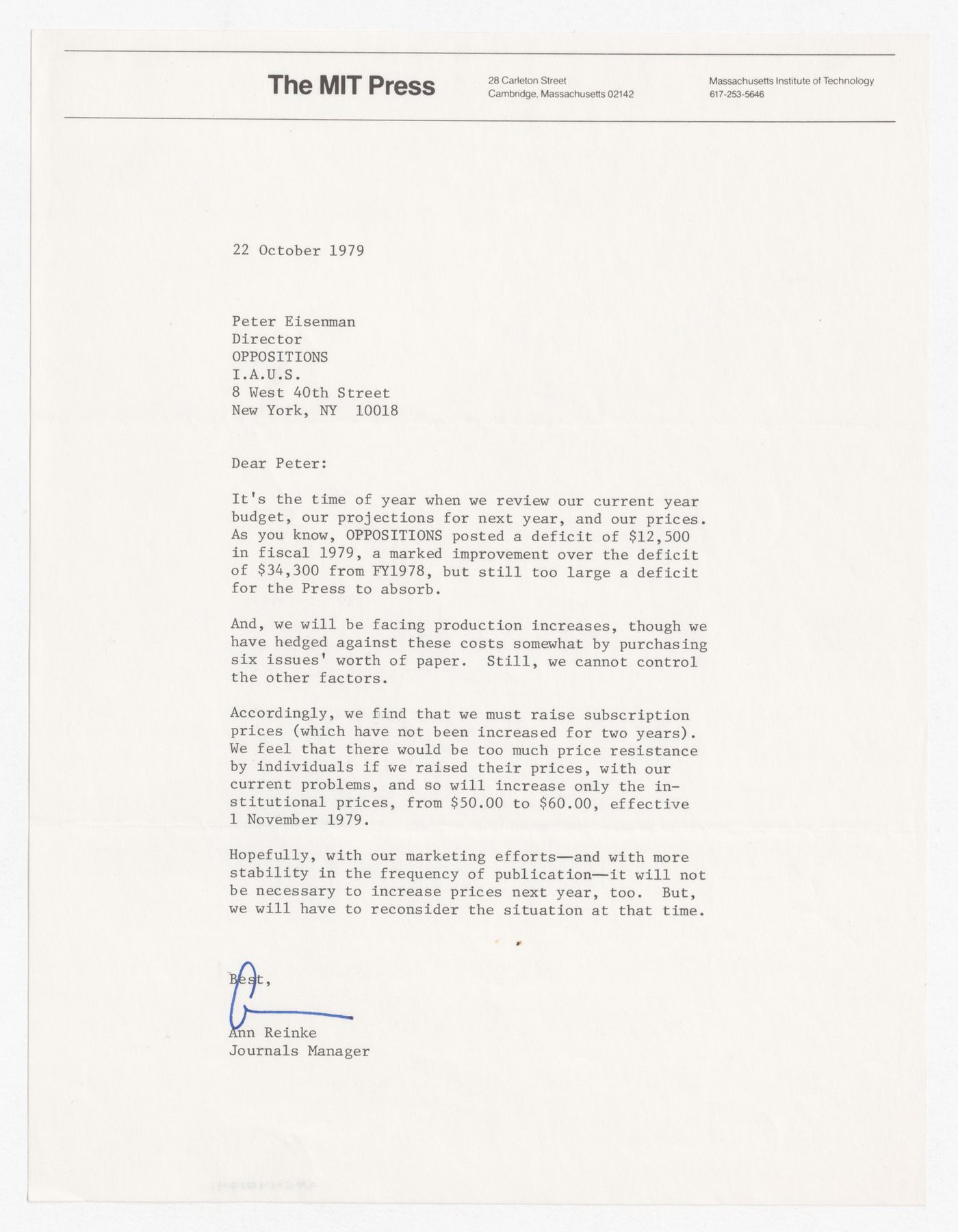 Letter from Ann Reinke to Peter D. Eisenman about subscription price for Oppositions Journal