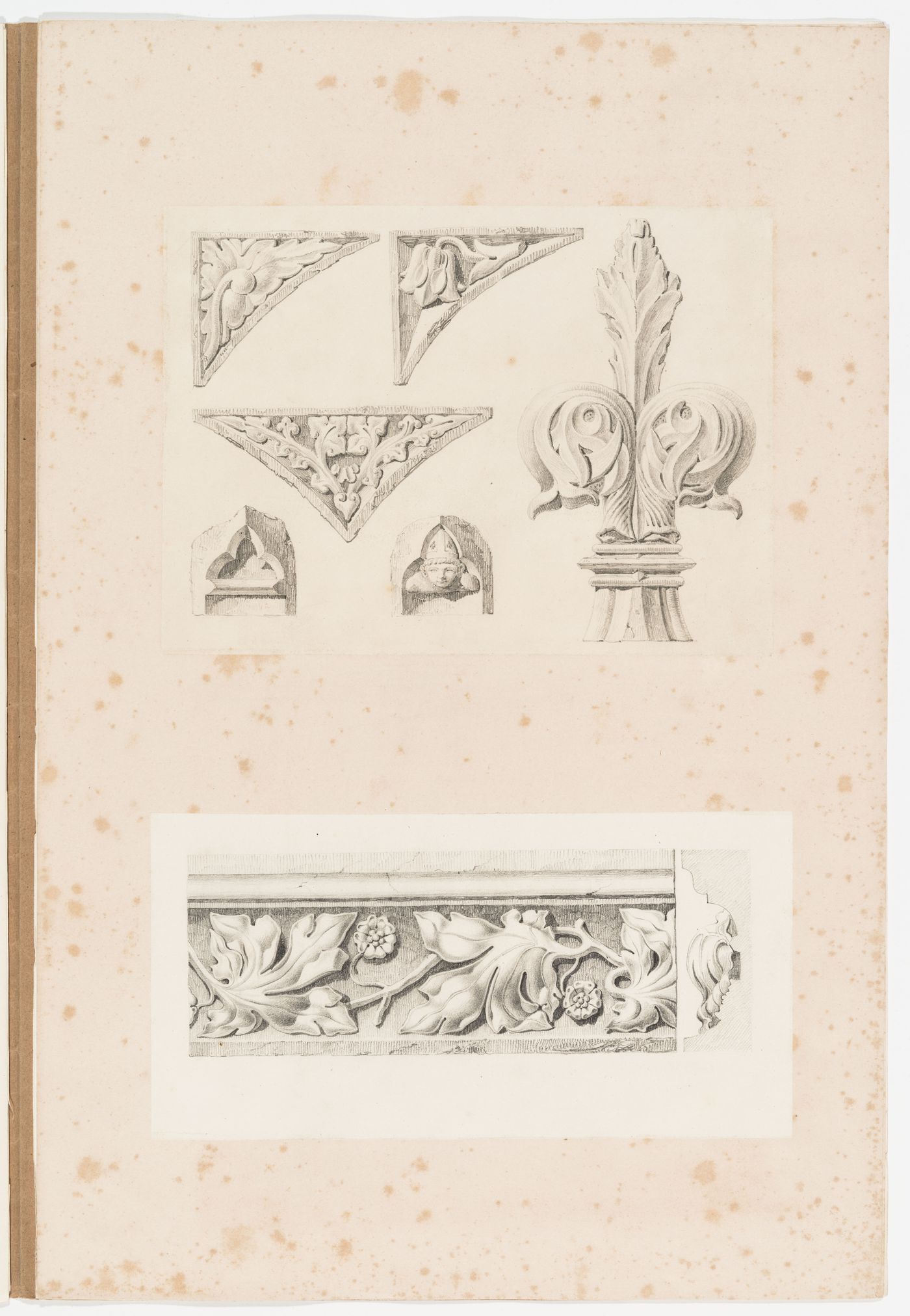 Two drawings of Gothic ornament copied from 'Pugin's Gothic Ornament', showing details from Southwark Cathedral, Notre-Dame de Paris, the Abbey church of Saint Alban, a wooden stall finial from Saint-Peter, Great Walsingham, and Winchester Cathedral
