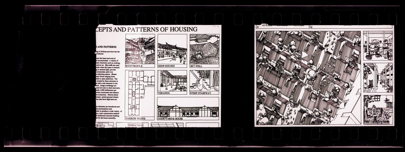 Negative strip of illustrations for the publication "Housing a Billion: Urban Upgrading: Design Ideals for Rural China" publication