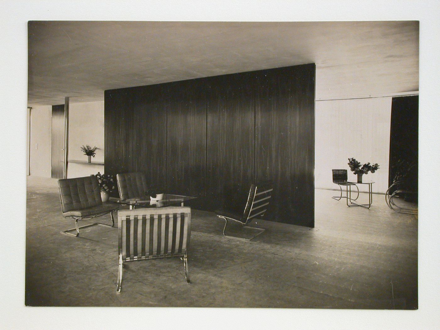 Interior view of the furnished living room of the Model House designed by Mies van der Rohe for the Berlin Building Exposition of 1931, Berlin