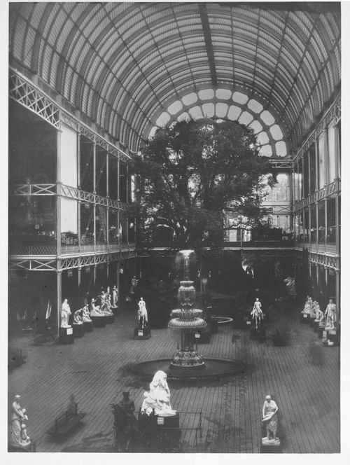Crystal Palace, Nave and North transept, with sculpture, fountain, tree on floor, London, England