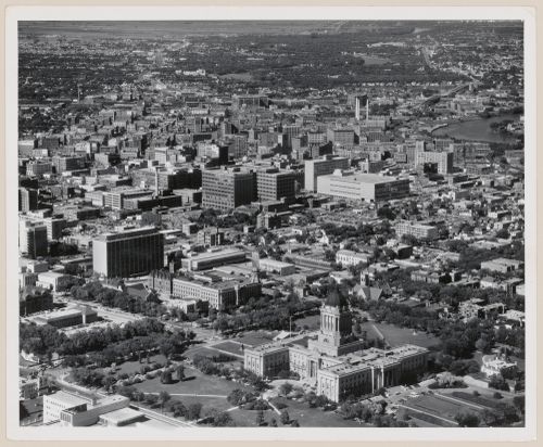 Business area with Manitoba Legislative Building in foreground, Winnipeg, Manitoba