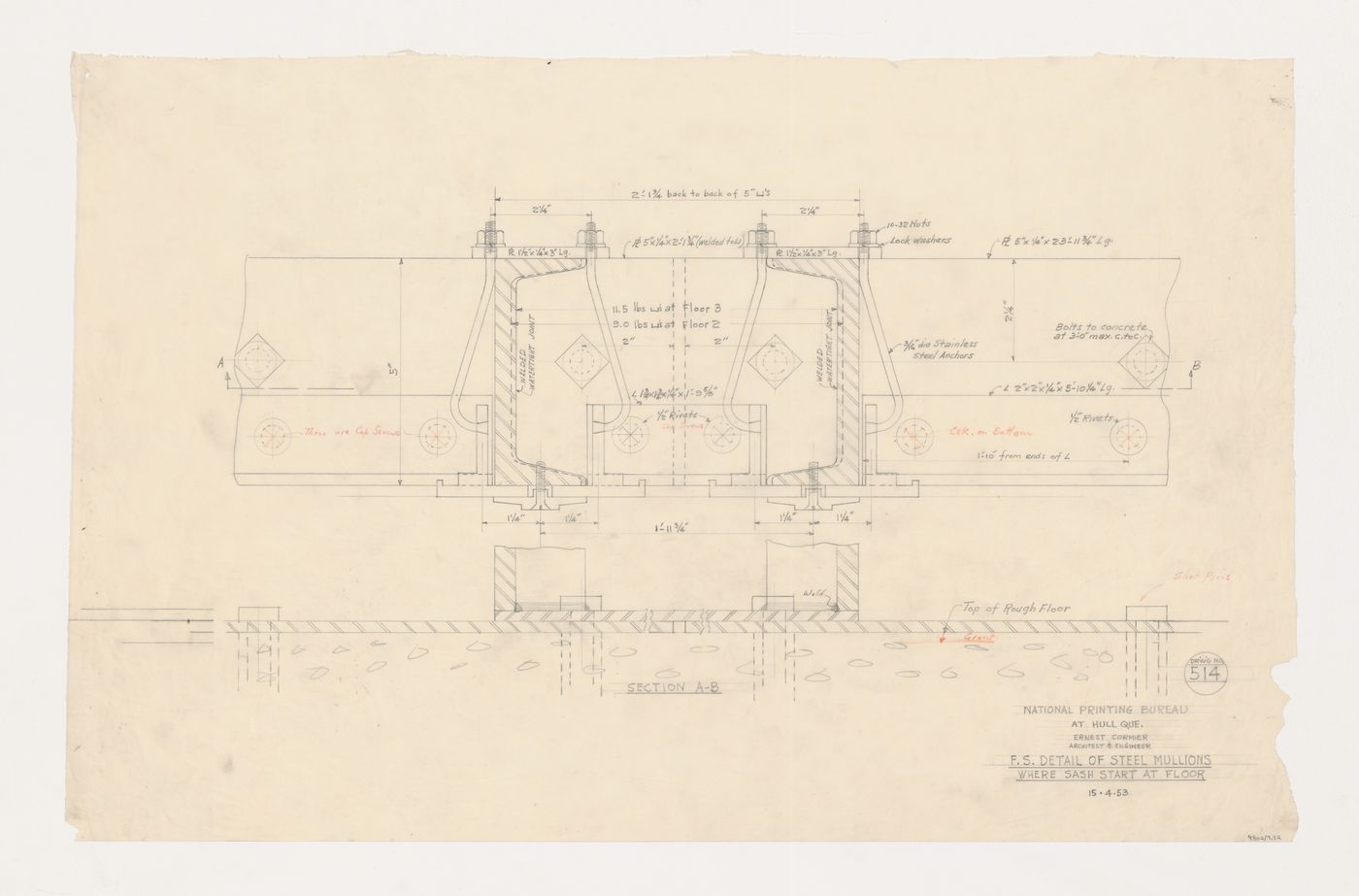 Coupe et détails des meneaux en acier, Imprimerie Nationale du Canada, Hull, Québec, Canada