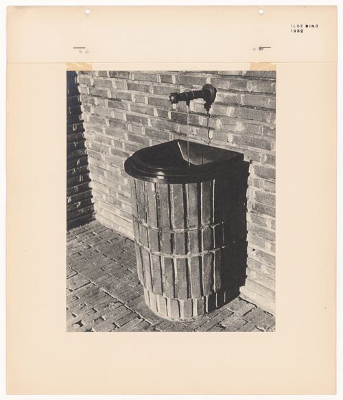 View of a brick-faced sink, a faucet and a wall and in the New Jewish Cemetery [Neuer Jüdischer Friedhof], Frankfurt am Main, Germany