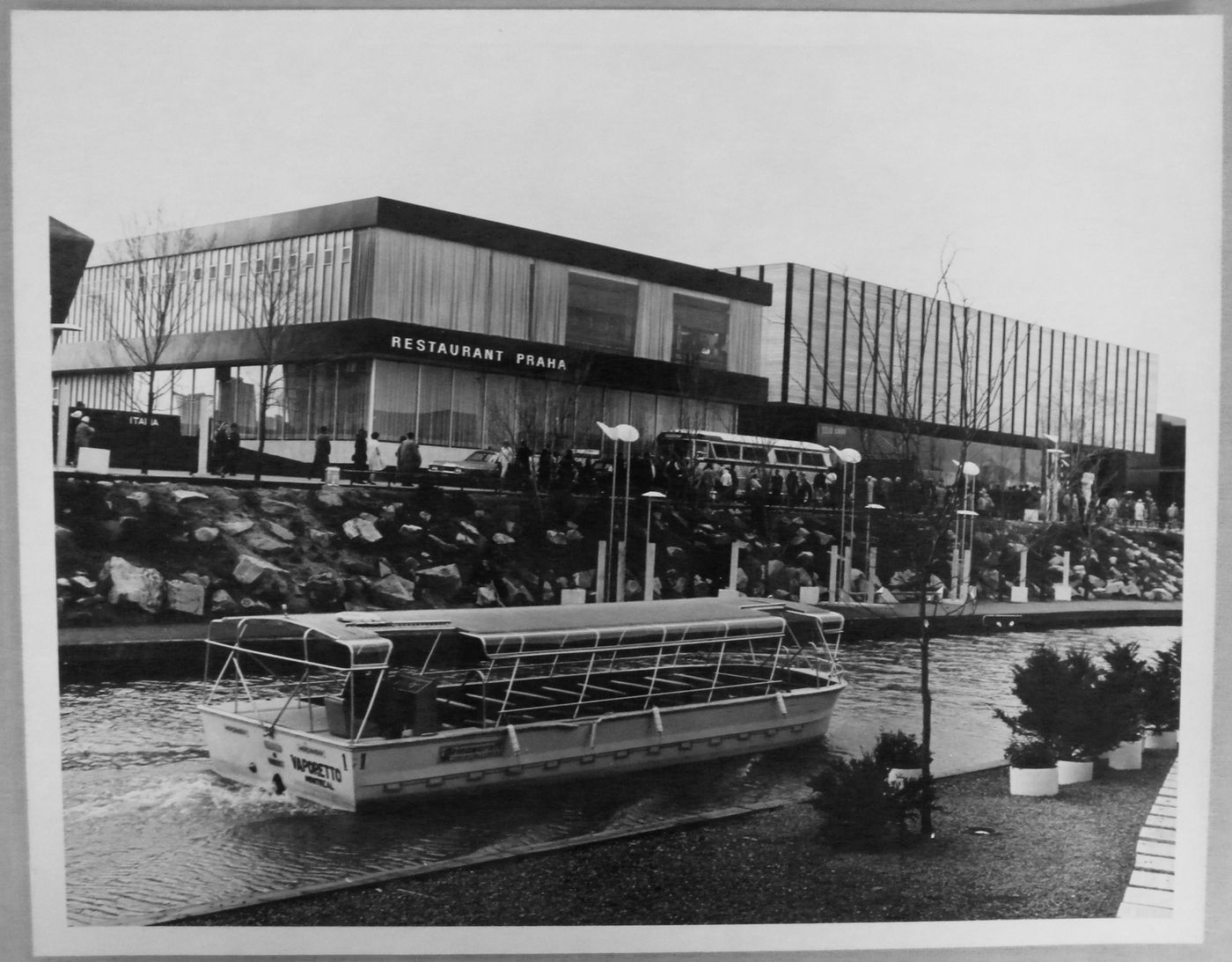 View of the Czechoslovlak National Pavilion with a vaporetto in foreground, Expo 67, Montréal, Québec