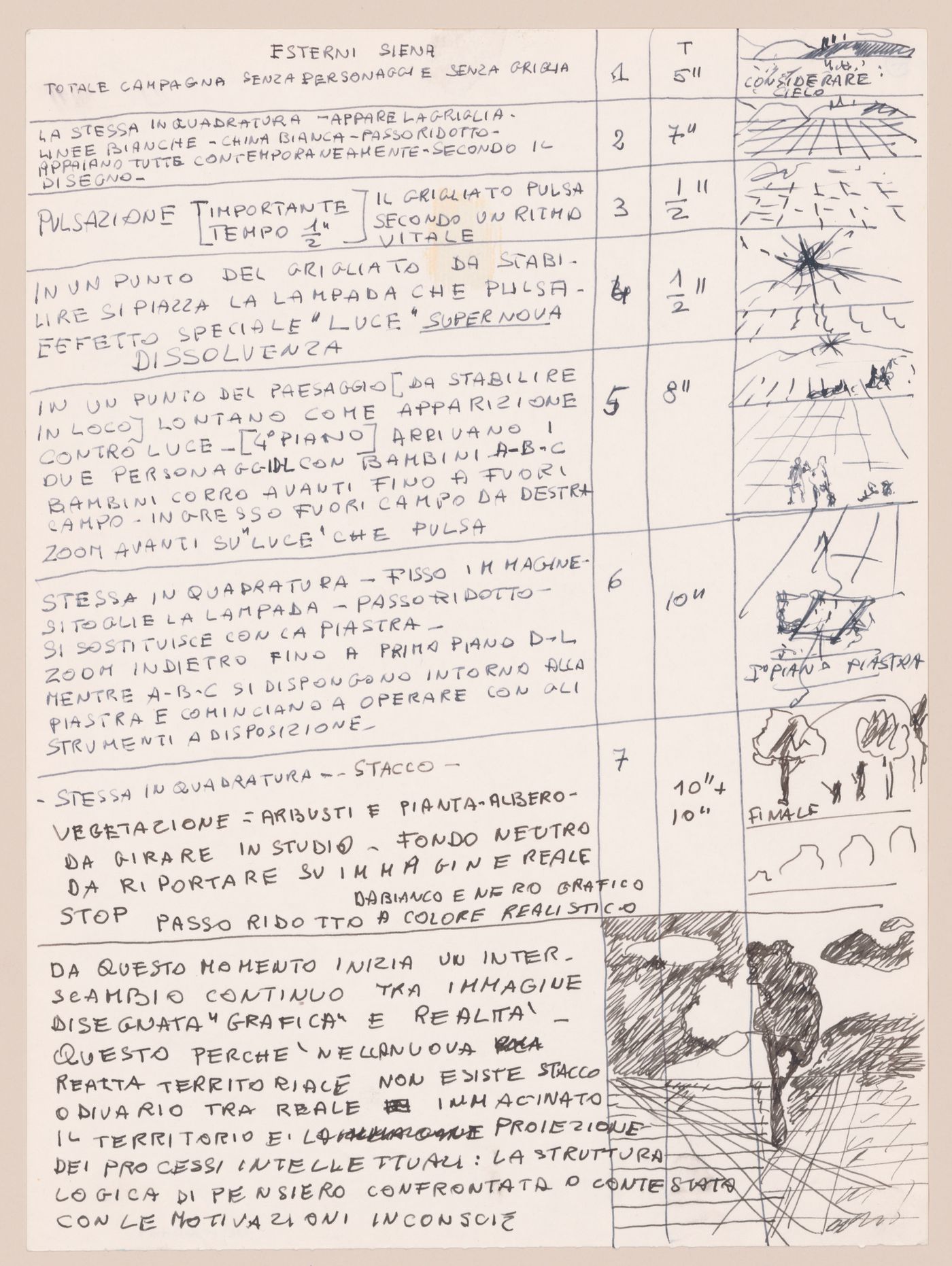 Page 1 of a storyboard with filming instructions, techniques, and durations for various scenes for Supersuperficie [Supersurface]