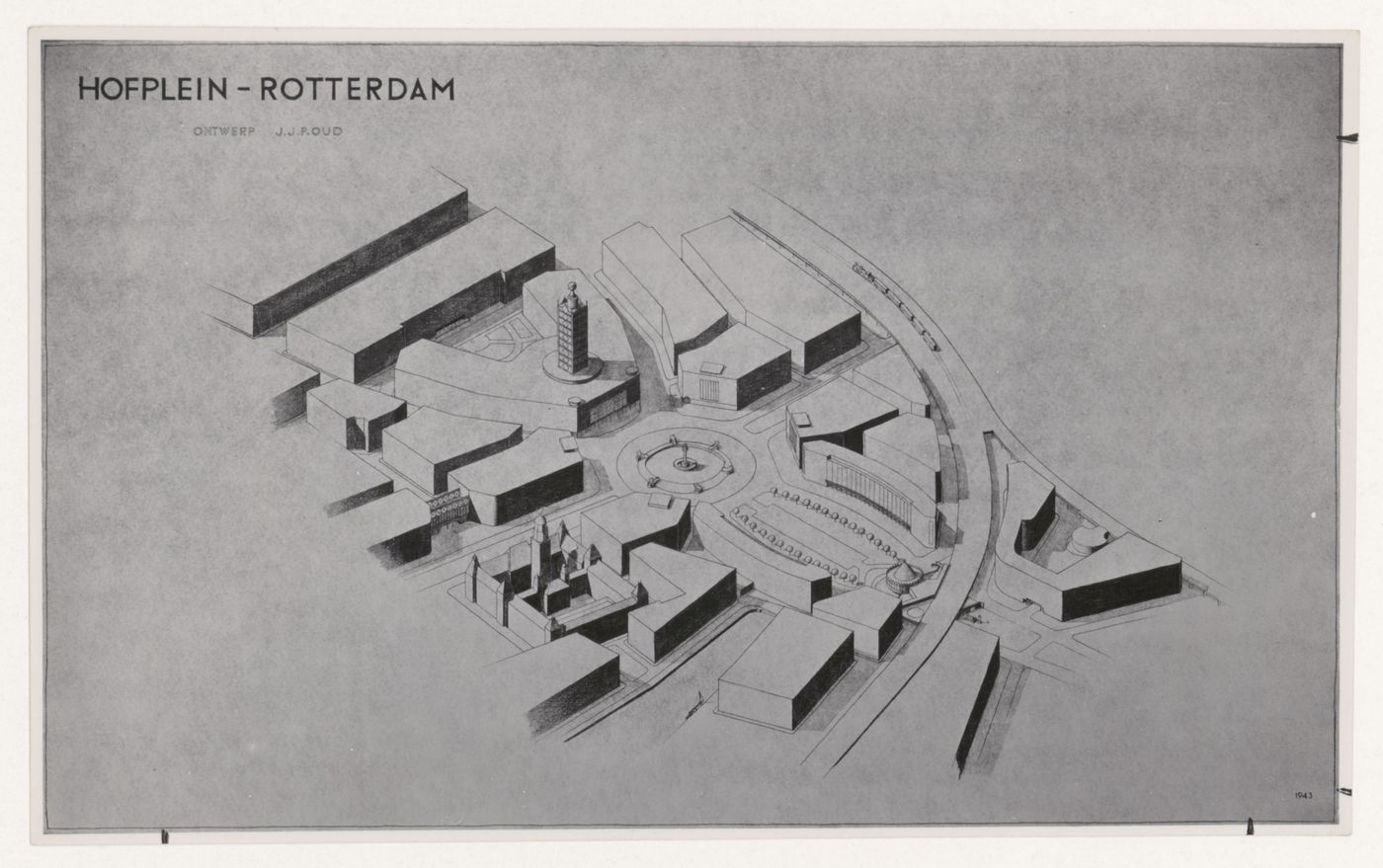 Photograph of a bird's-eye perspective drawing for the reconstruction of the Hofplein (city centre), Rotterdam, Netherlands