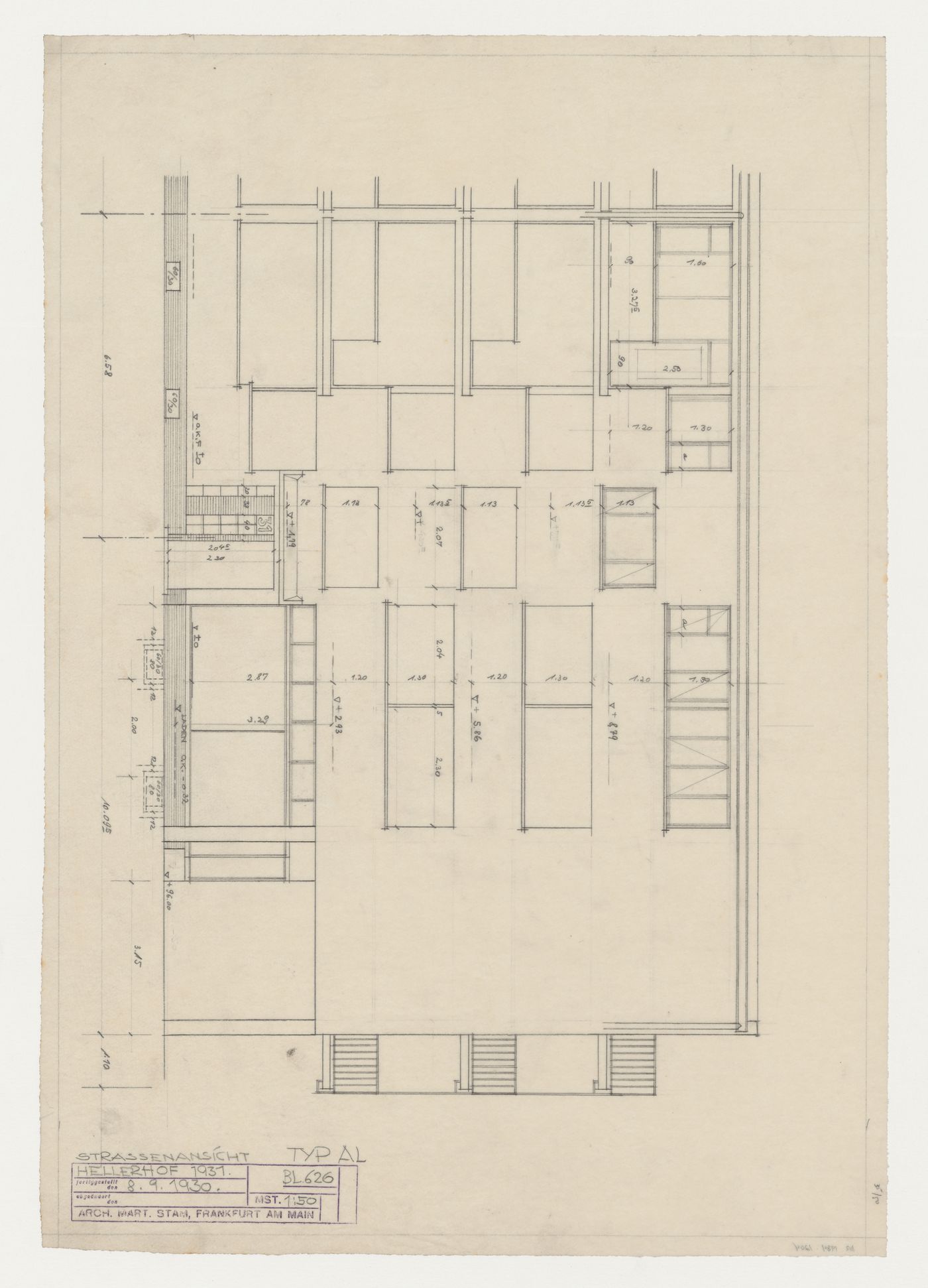 Street elevation for type AL housing units, Hellerhof Housing Estate, Frankfurt am Main, Germany