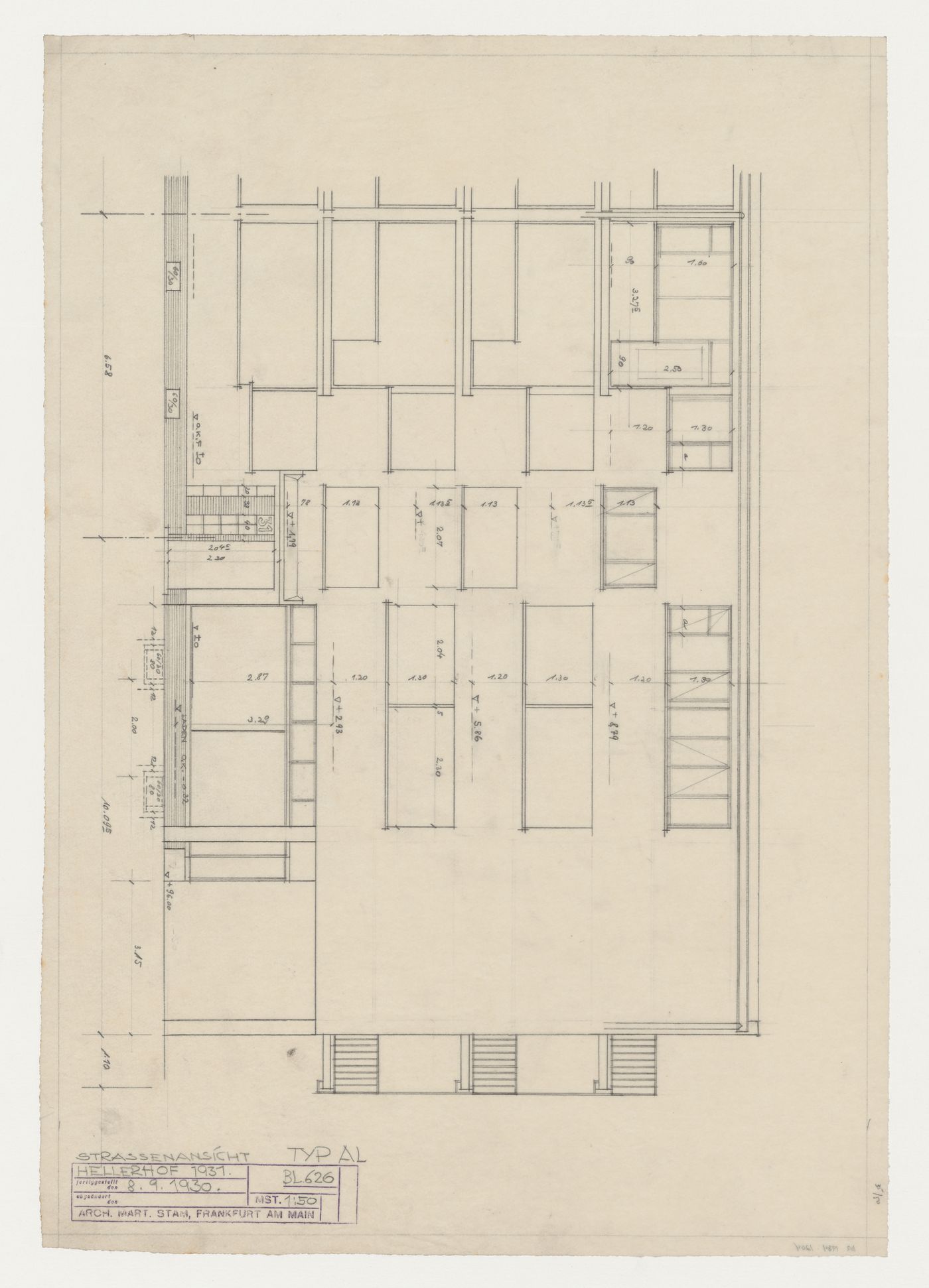 Street elevation for type AL housing units, Hellerhof Housing Estate, Frankfurt am Main, Germany