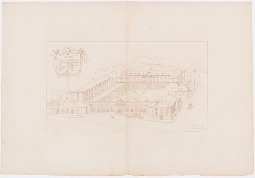 Project for a Hôtel de préfecture, Poitiers: Perspective view with a key to major building components