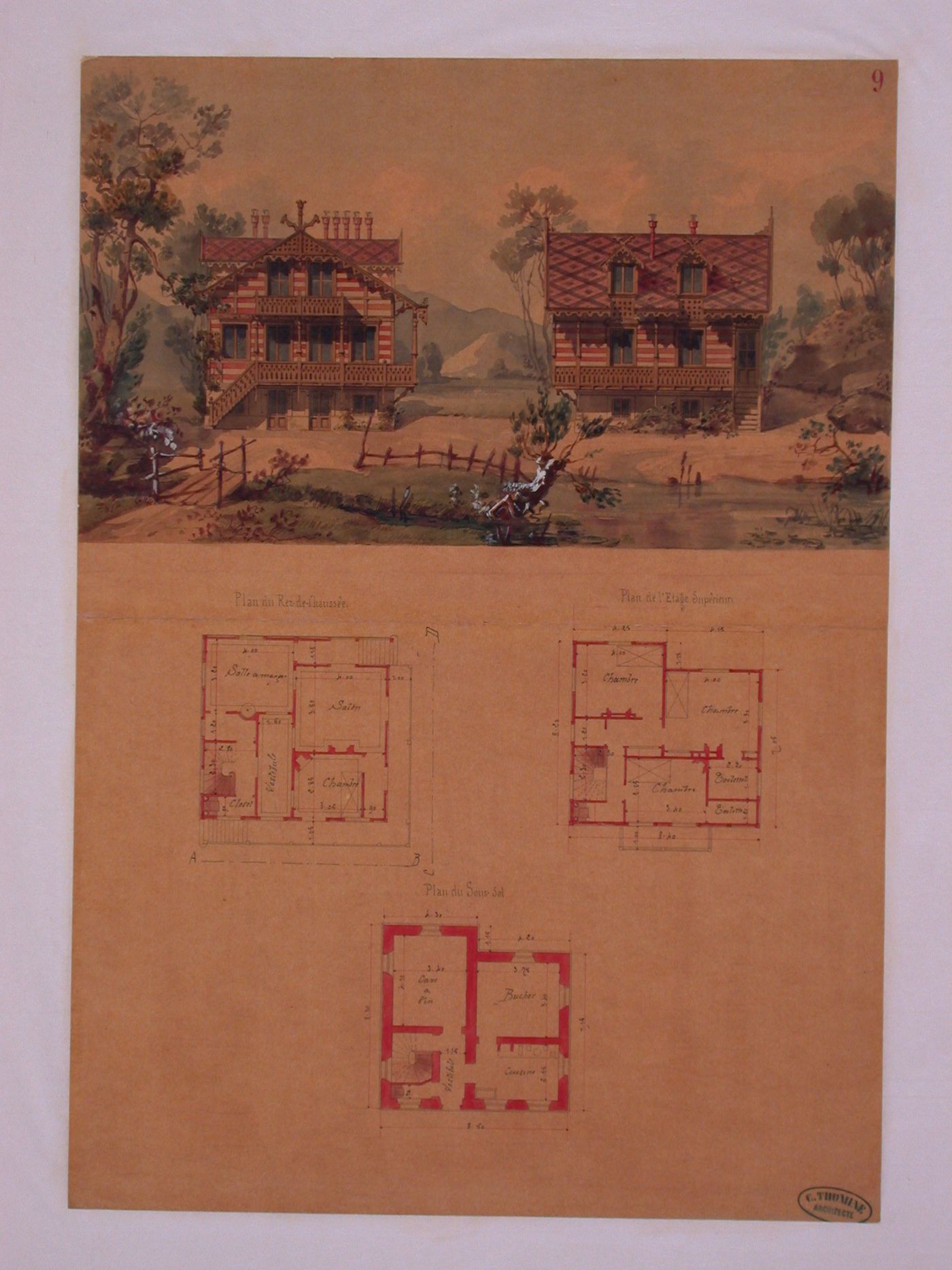 Rendered elevations and plans for a chalet-style house with an irregular plan