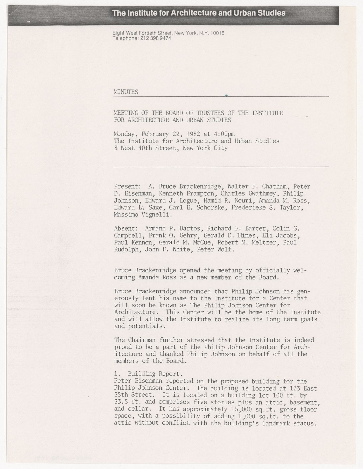 Memorandum from Hamid R. Nouri to Peter D. Eisenman with attached minutes of the meeting of the Board of Trustees on February 22nd, 1982