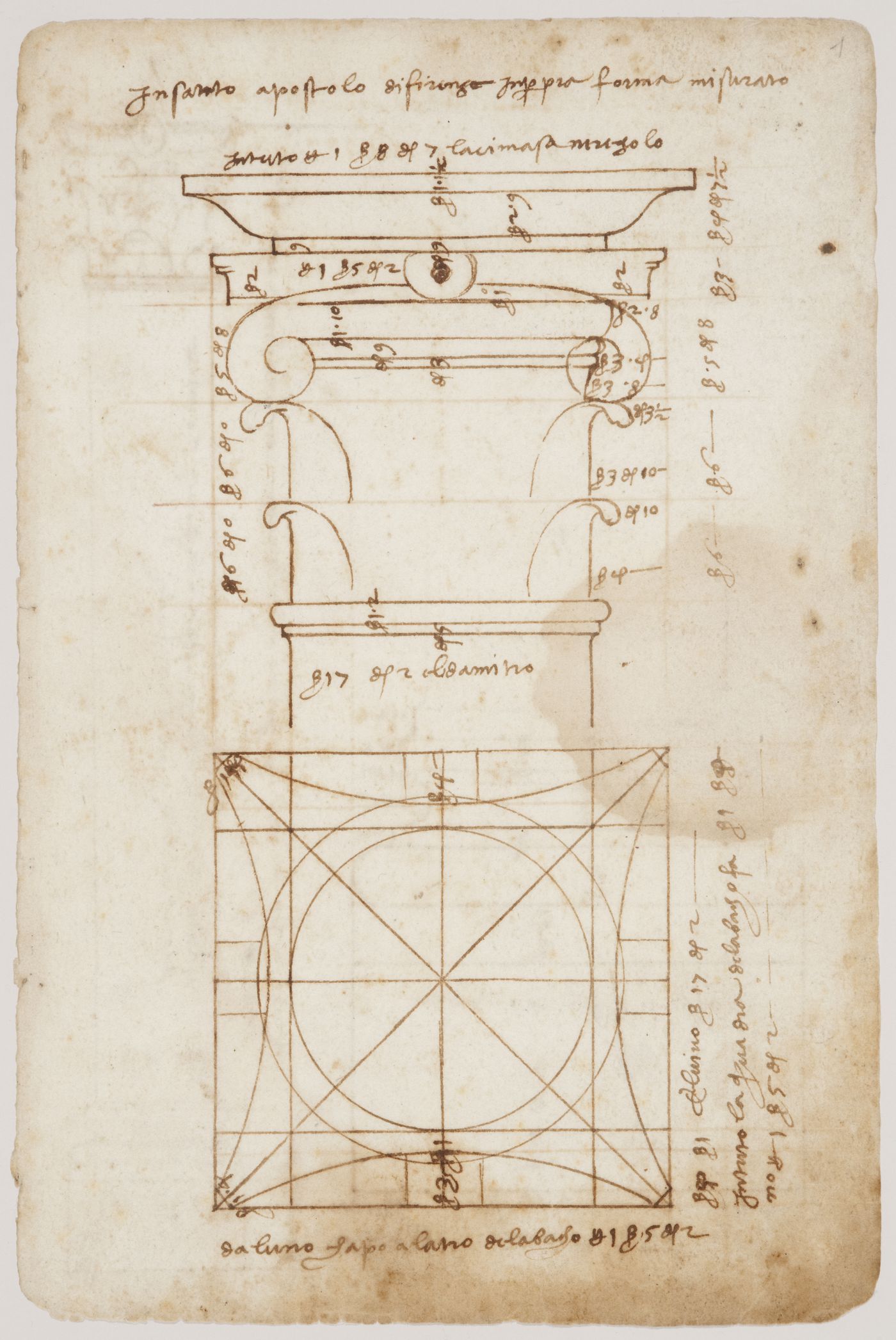 Corinthian capital from SS. Apostoli, Florence, Italy; verso: Corinthian pilaster and base from the interior upper storey of the Baptistery, Florence, Italy
