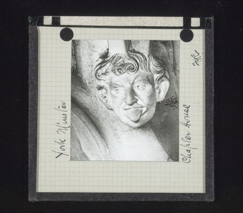 View of sculpture of head in Chapter House of York Minster, York, North Yorkshire, England