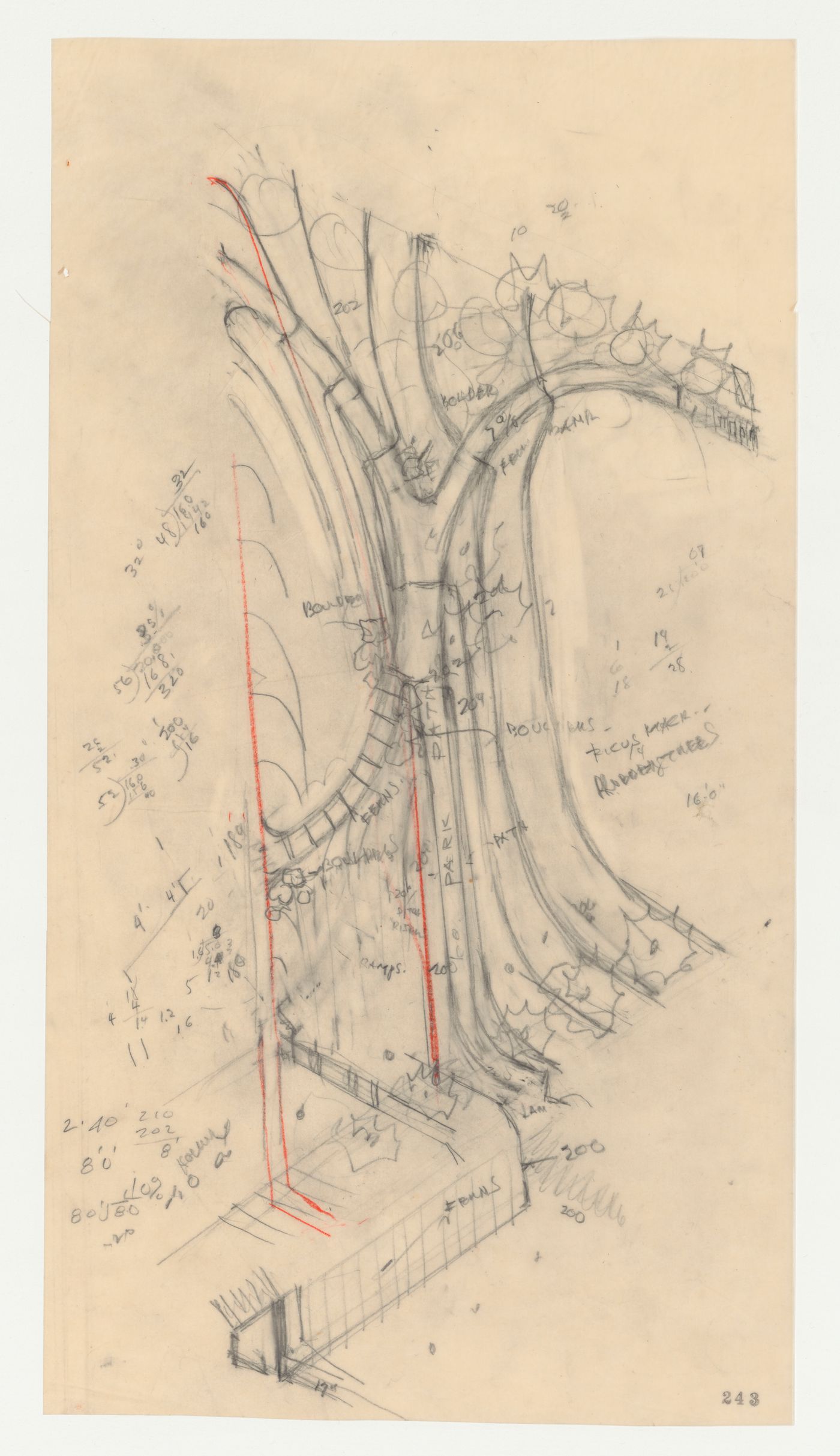 Wayfarers' Chapel, Palos Verdes, California: Partial site plan for grading next to the parking lot, including locations of trees