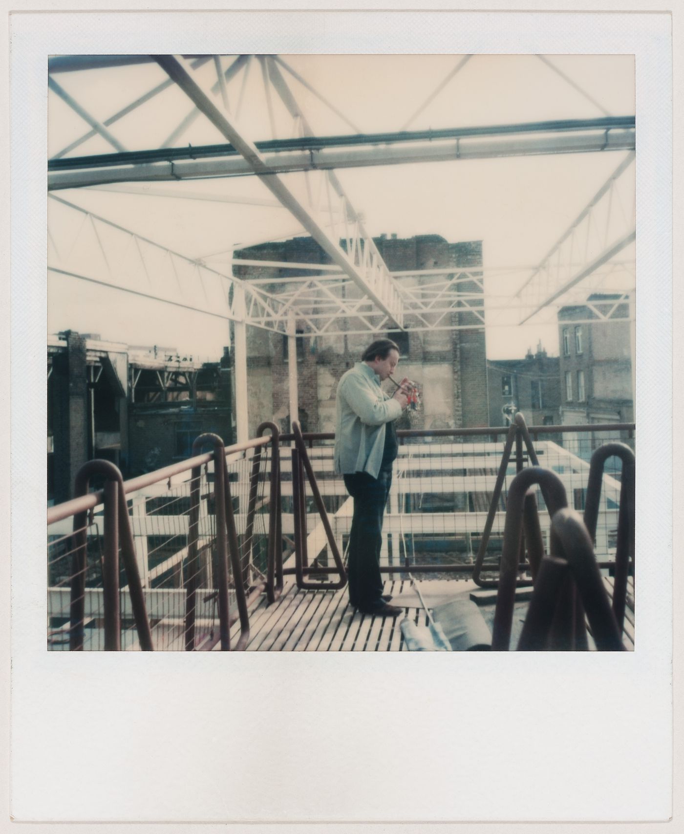 Portrait of Cedric Price on observation deck at the Inter-Action Centre, London, England