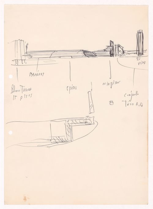 Sketch elevation and details with annotations for Habitações Colectivas da Sacor, Matosinhos, Portugal