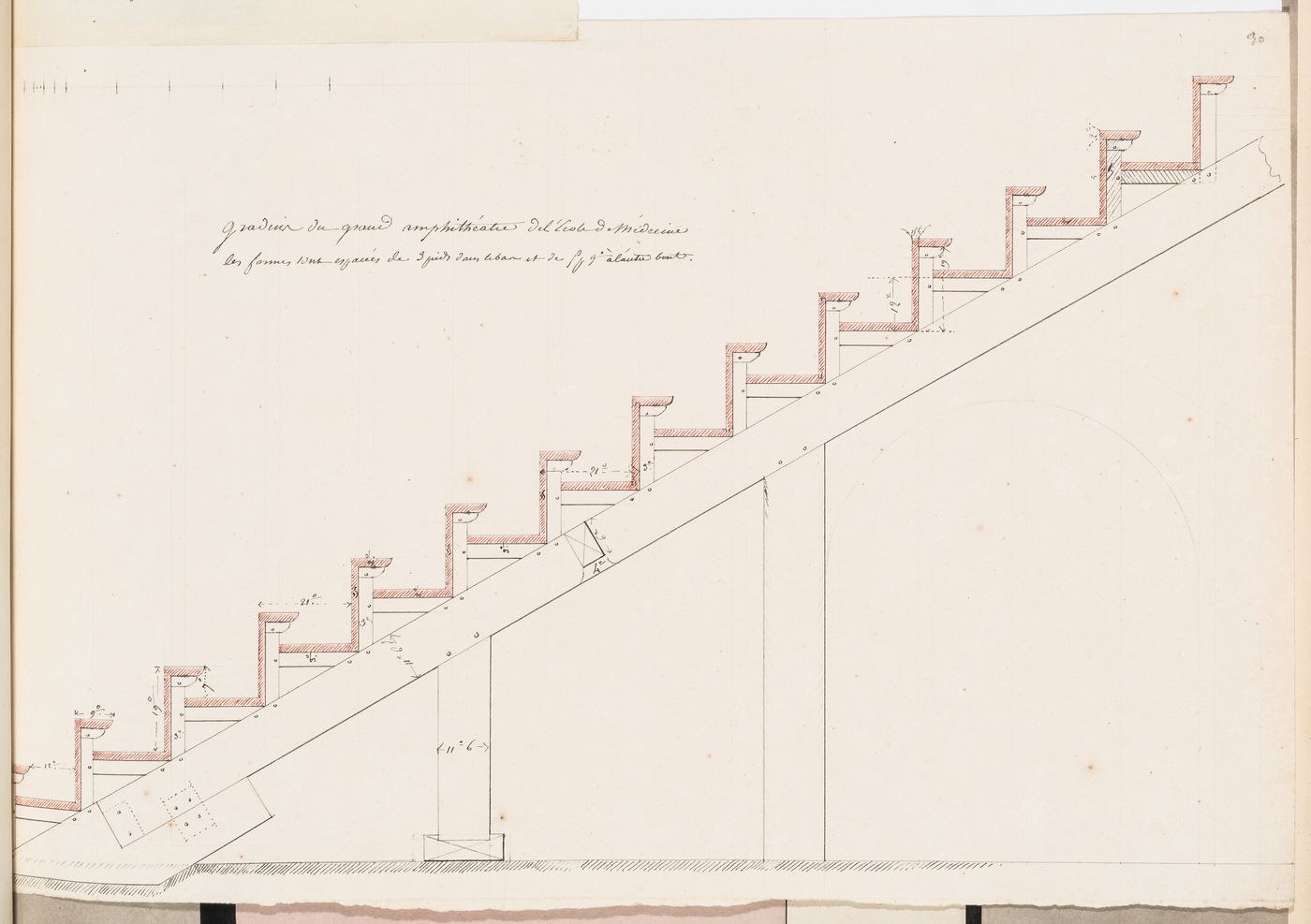 Project for the redevelopment of the École de médecine and surrounding area, Paris: Section through the tiers of seats for the second ampitheatre for the École de médecine