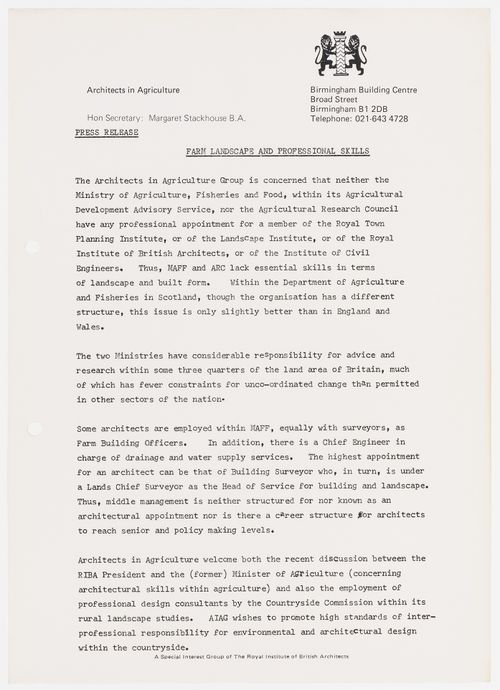 Press release about Farm landscape and professional skills issued by the Architects in Agriculture Group (sheet 1 of 2) (document from the Westpen project records)