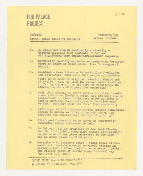 Meeting notes regarding the Fun Palace Project film