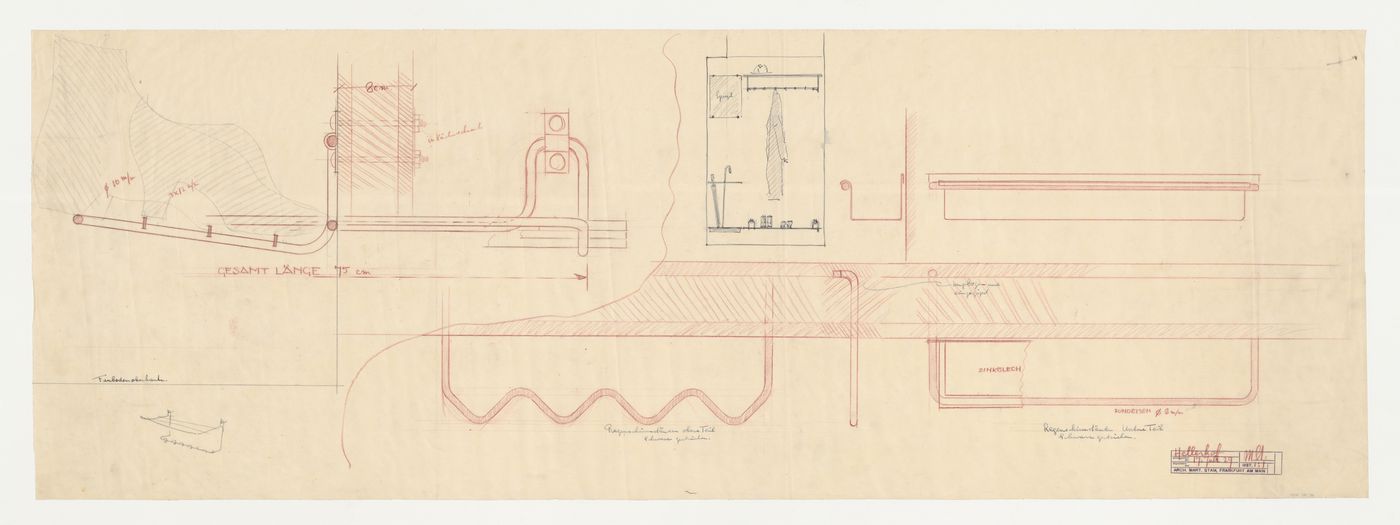 Sectional elevation and elevation for a shoe rack, interior elevation for a clothes closet, plans, elevation, and section for an umbrella stand, and sketch perspective for a coatrack and hat stand, Hellerhof Housing Estate, Frankfurt am Main, Germany